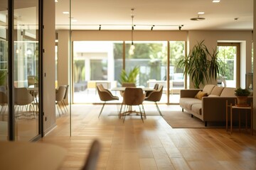 Fototapeta premium Modern interior showcasing a stylish living and dining area with hardwood floors
