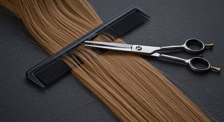Haircut Essentials: Scissors and comb rest atop a silky cascade of brown hair. A simple yet striking composition that embodies hair care and the art of hairstyling. 