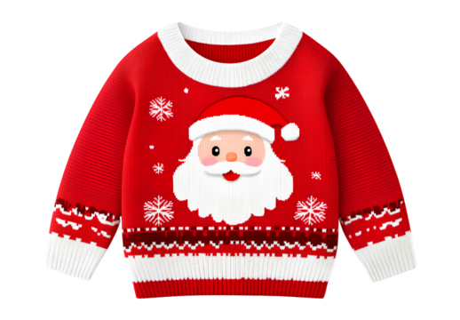  A cute Christmas sweater with a Santa Claus motif, in a red color, knitted style, on a white background, in PNG format