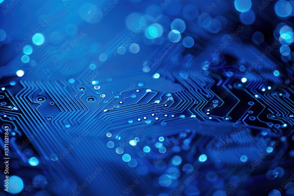 Poster abstract blue toned printed circuit board with glowing nodes for high tech design