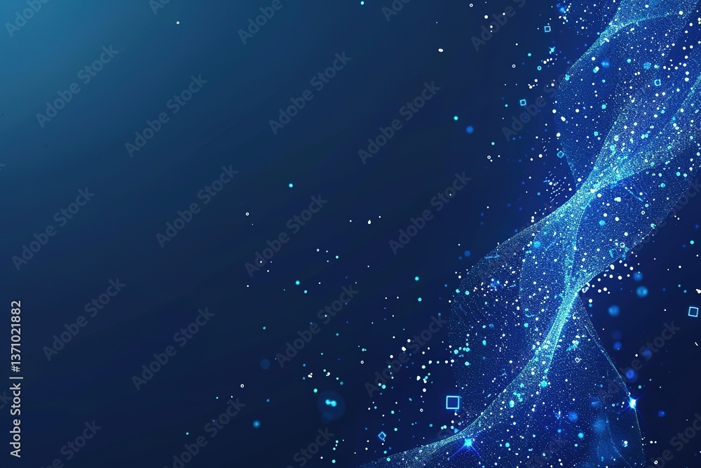 Poster abstract blue flowing particle stream on dark backdrop with glowing bokeh effect