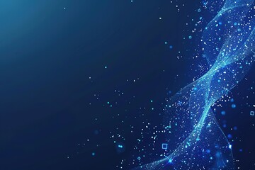 Abstract blue flowing particle stream on dark backdrop with glowing bokeh effect