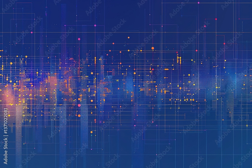 Poster abstract network: glowing data points on grid background in a digital landscape