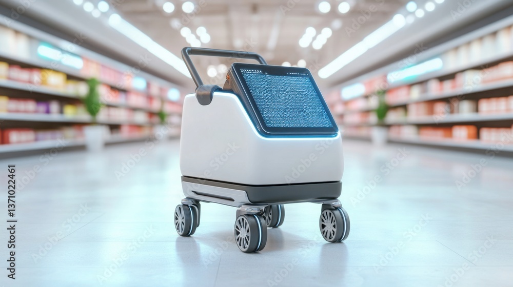 Poster a sleek, futuristic shopping cart with built-in ai screens and robotic wheels, placed in a high-tech