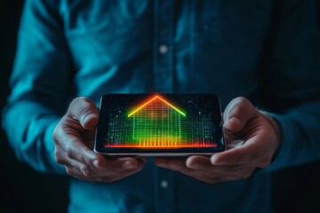 Man in blue shirt showcases energy label and clean technology symbol for smart home concept