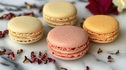Delicious colorful macarons on a marble surface with rose petal accents.