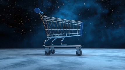 A surreal concept of a shopping cart floating in zero gravity, surrounded by glowing cosmic dust 