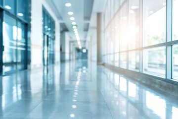 Fototapeta premium Bright hallway with glass doors and windows filled with light and shiny floor