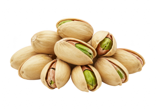 A small pile of pistachio nuts with partially opened beige shells isolated on transparent background