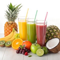 Vibrant Fruit Juice Glasses with Tropical Fruits on a White Background