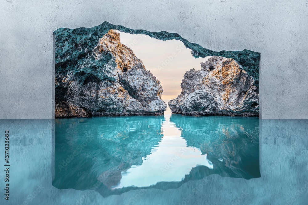 Aufkleber surreal scene with rock archway overlooking turquoise water and reflected on a textured surface crea