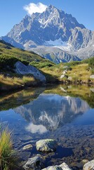 Majestic mountain peak reflected in a pristine alpine lake Tranquil scene showcasing nature's beauty Crystal clear water and rocky terrain