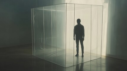 Fototapeta premium Person standing in a glass cube structure.
