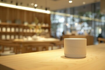 Minimalist wooden container on light wood surface with blurred interior background