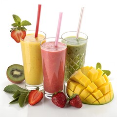 Colorful Fruit Smoothies in Clear Glasses – Kiwi, Strawberry, and Mango with Fresh Garnishes