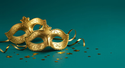 Naklejka premium Elegant Golden Masks and Festive Confetti - Two ornate gold masquerade masks rest on a teal background, adorned with golden confetti and ribbons. Perfect for events, celebrations, or mystery themes