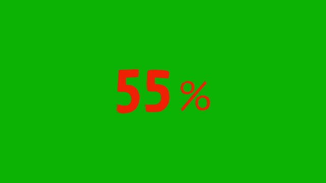 Looping animation of bold red &ldquo;55%&rdquo; appearing with a flashing effect, isolated on chroma key green screen. Great for mid-range discounts, shopping campaigns, or pricing transitions.