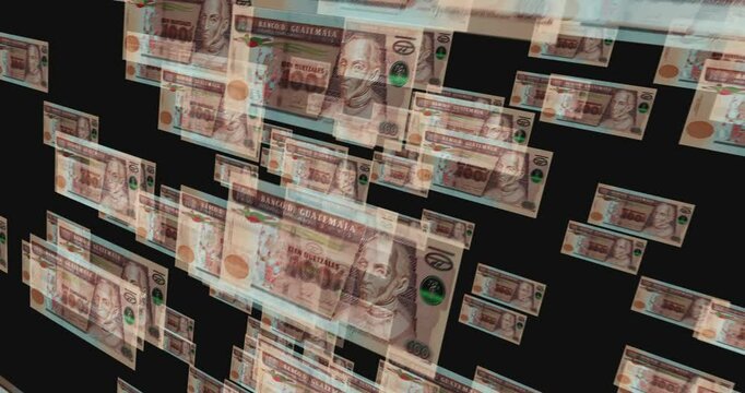 Guatemala quetzal 100 GTQ banknote loop. Flying between transparent money Guatemalan note. 3D seamless looped abstract concept of business, economy, finance, crisis and banking.