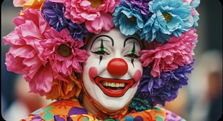 Joyful Clown with Flower Crown - A close-up shot of a smiling clown wearing a vibrant flower crown. Perfect for circus, carnival, or fun themes