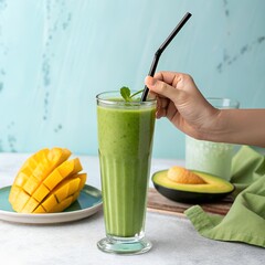 Vibrant Green Smoothie in Glass with Mango Garnish and Black Straw on Pastel Blue Background