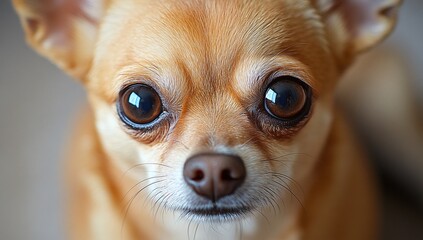 Close-up portrait of an adorable fawn-colored Chihuahua, its big, expressive eyes captivating the viewer.