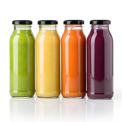 Colorful Fruit Smoothie Bottles with Black Caps on a White Background