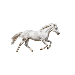 Obraz premium A majestic white horse gallops energetically, capturing the elegance and strength of its movement against a plain backdrop.