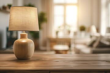 Wooden lamp with beige lampshade on wooden table in softly lit room Cozy ambience