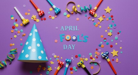 Obraz premium April Fool's Day Party Supplies - Festive flatlay of party hats, confetti, and noisemakers arranged around an 