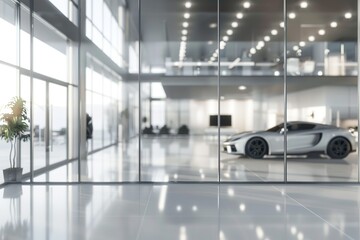 Sleek silver car showcased in a modern light-filled showroom with glass walls
