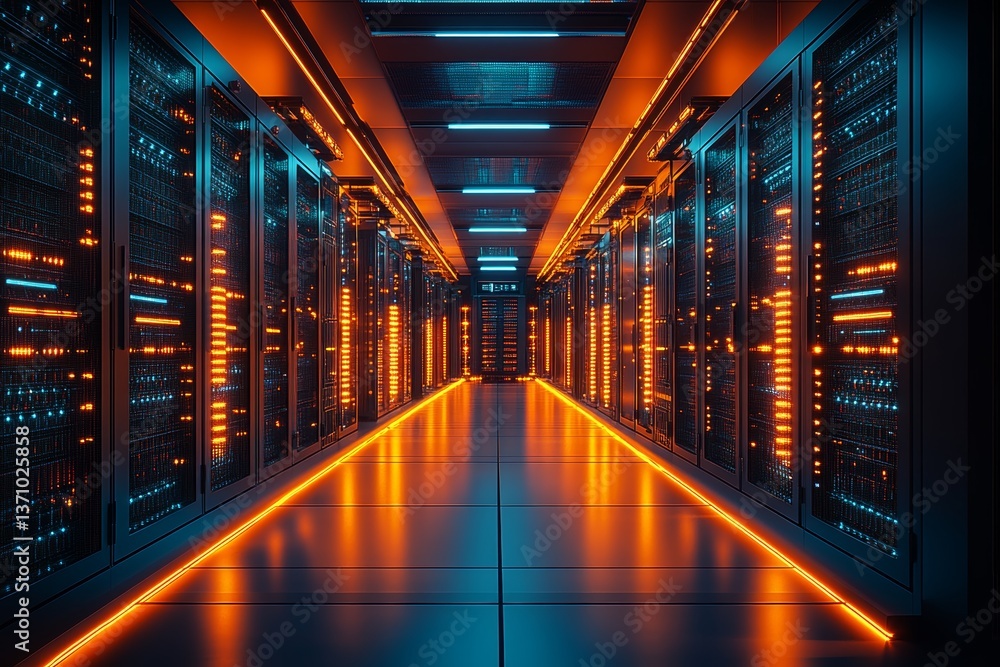 Poster futuristic high tech data center with advanced server racks illuminated by orange lights