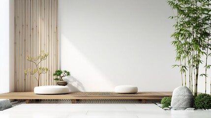 Fototapeta premium Side profile of minimalist Zen garden living room open space layout bamboo details serene ambiance white isolated background