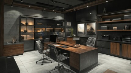 Modern office interior design, dark wood desk, two chairs, shelving, meeting