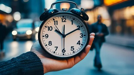 Person Holding Black Alarm Clock in City at Night - Powered by Adobe