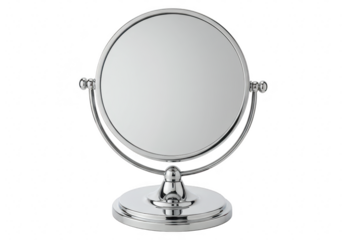 A sleek modern round tabletop mirror with a shiny chrome frame and base isolated on transparent background