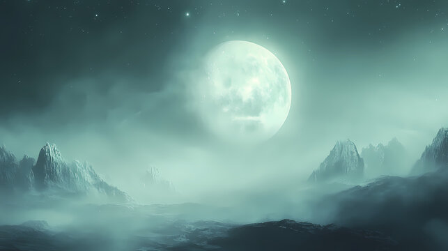 Ethereal moonscape unveiling celestial terrain amidst misty veils. Celestial Veil. Illustration