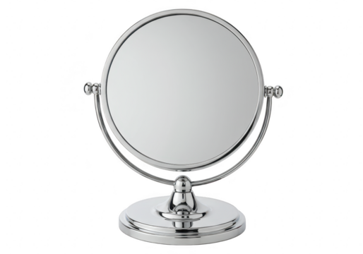 A sleek modern round tabletop mirror with a shiny chrome frame and base isolated on transparent background