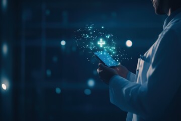 Doctor using digital health application on phone with medical plus symbol on screen