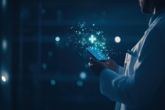 Doctor using digital health application on phone with medical plus symbol on screen