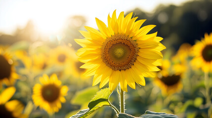 Fototapeta premium Bright Yellow Sunflower Facing the Sun in a Breezy Field