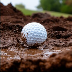 Golf ball in muddy bunker.