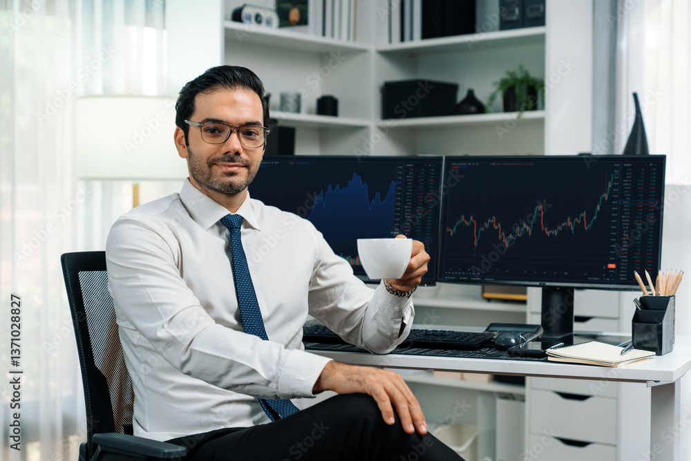 Poster profile of successful in trader businessman looking at camera with two stock exchange investment scr