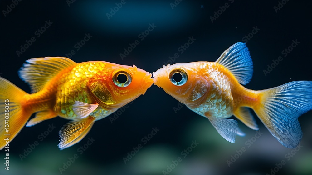 Poster two goldfish are face to face in a dark aquarium with subtle lighting creating a close-up perspectiv