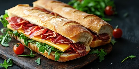 Freshly made sandwiches with salami and cheese on a wooden serving board in a rustic kitchen setting