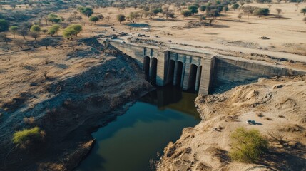 Aerial View of Concrete Dam and Reservoir in Arid Landscape