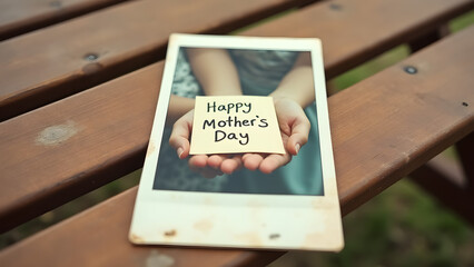 Instant Polaroid captures handwritten "Happy Mother's Day" note in nostalgic outdoor setting with authentic film texture.