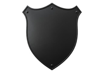 A black shield shaped plaque with a matte finish isolated on transparent background