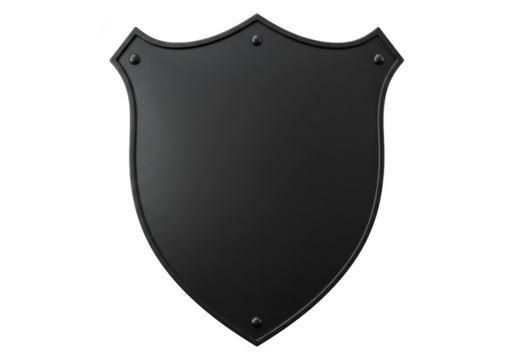 A black shield shaped plaque with a matte finish isolated on transparent background