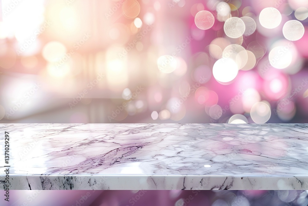 Poster marble surface with blurred pink and white bokeh background perfect for display mockup