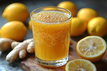 Refreshing Lemon Ginger Drink with Fresh Lemons and Sparkling Bubbles